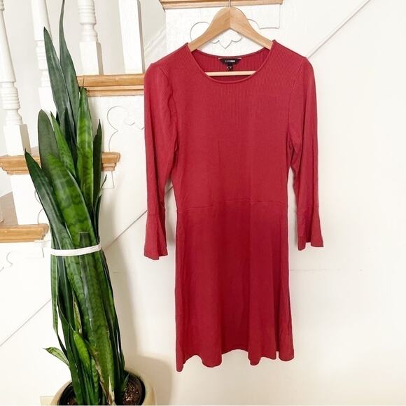 Express Red Long Sleeve Ribbed Knit Round Neck Form Fitting Dress Size M - Picture 1 of 6